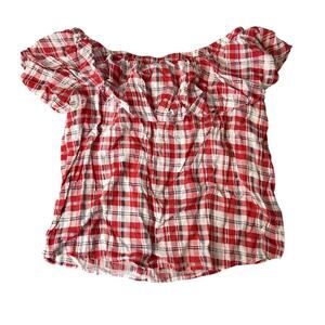 Skies are Blue Off-The-Shoulder Red Plaid Women's Top Size Medium